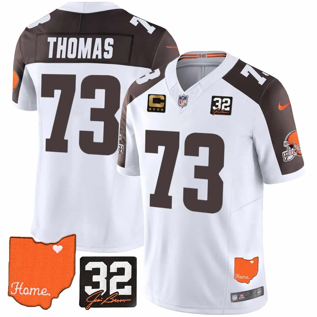 Men's Browns #32 Jim Brown Memorial & Home Patch Vapor Limited Jersey - All Stitched Joe Thomas #73