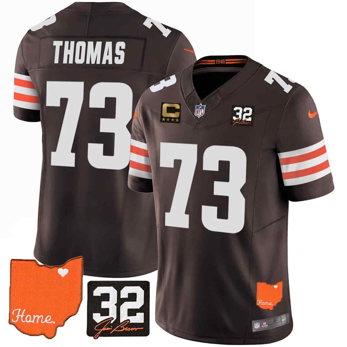 Men's Browns #32 Jim Brown Memorial & Home Patch Vapor Limited Jersey - All Stitched Joe Thomas73
