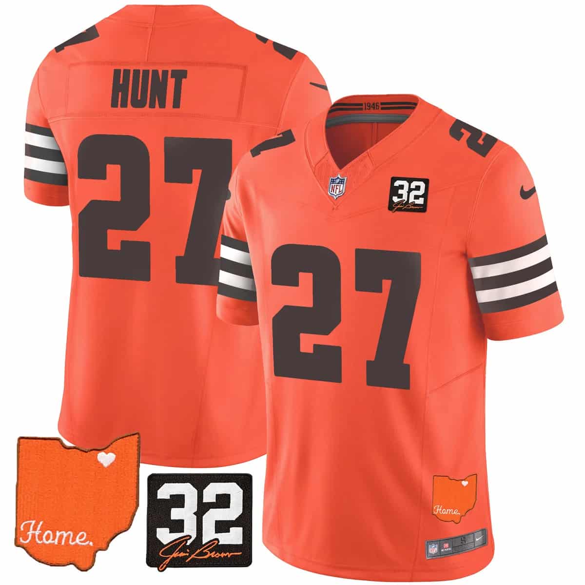 Men's Browns #32 Jim Brown Memorial & Home Patch Vapor Limited Jersey - All Stitched Kareem Hunt    27