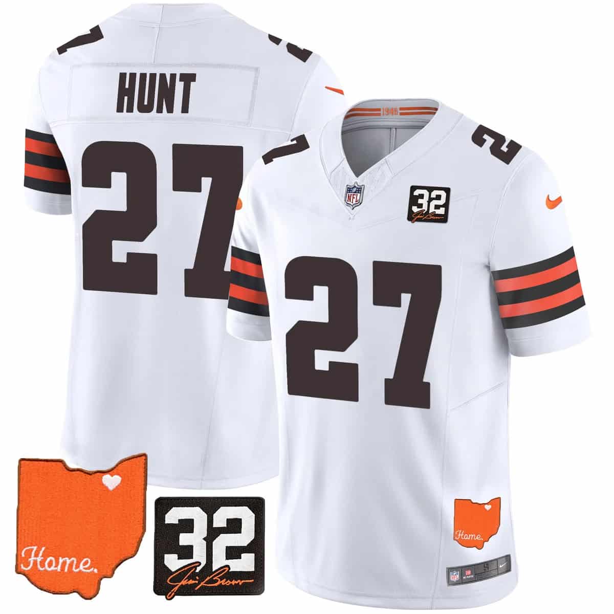 Men's Browns #32 Jim Brown Memorial & Home Patch Vapor Limited Jersey - All Stitched Kareem Hunt   27
