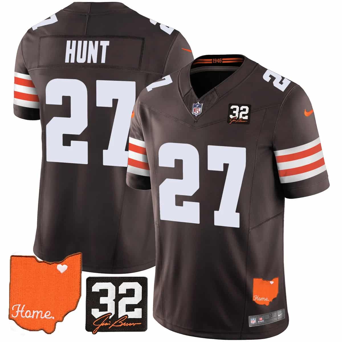 Men's Browns #32 Jim Brown Memorial & Home Patch Vapor Limited Jersey - All Stitched Kareem Hunt 27
