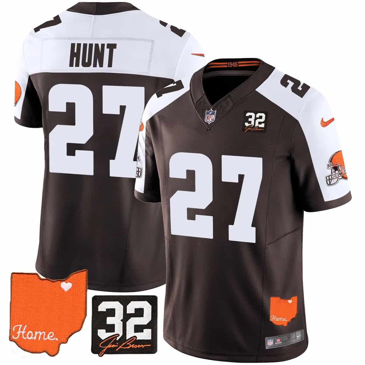 Men's Browns #32 Jim Brown Memorial & Home Patch Vapor Limited Jersey - All Stitched Kareem Hunt