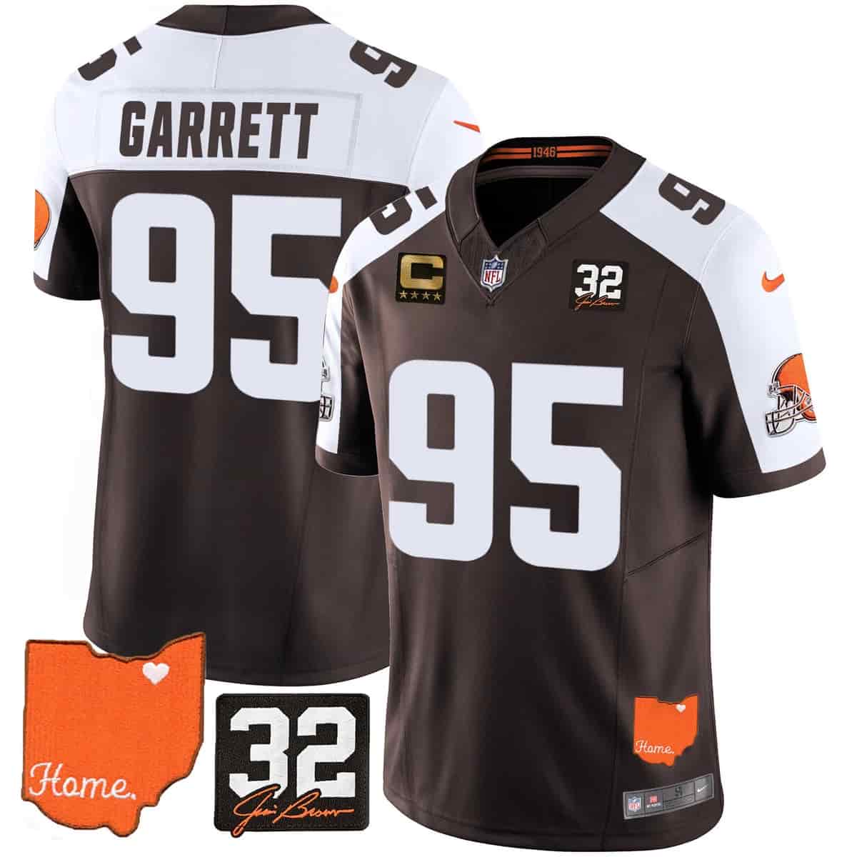 Men's Browns #32 Jim Brown Memorial & Home Patch Vapor Limited Jersey - All Stitched Myles Garrett
