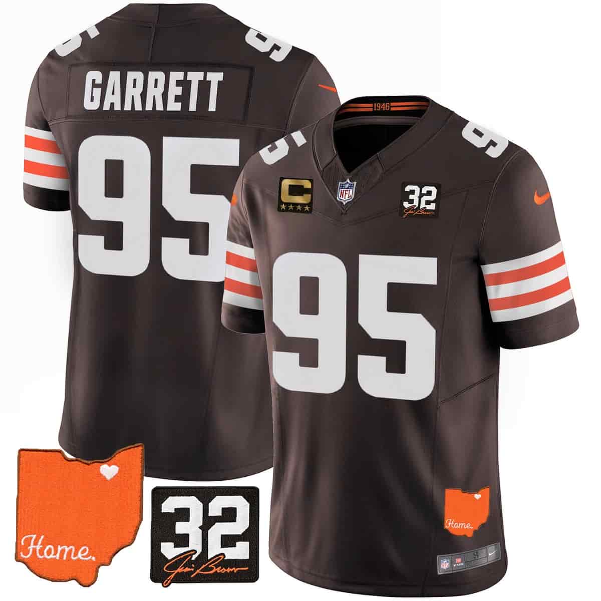 Men's Browns #32 Jim Brown Memorial & Home Patch Vapor Limited Jersey - All Stitched Myles Garrett 95