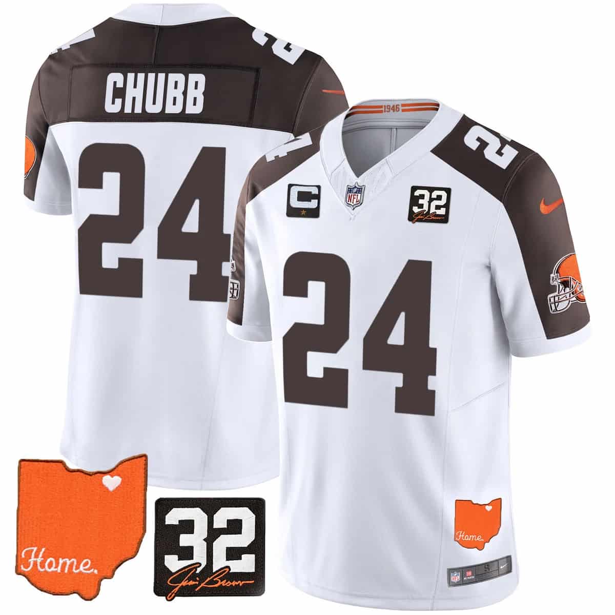 Men's Browns #32 Jim Brown Memorial & Home Patch Vapor Limited Jersey - All Stitched Nick Chubb #24