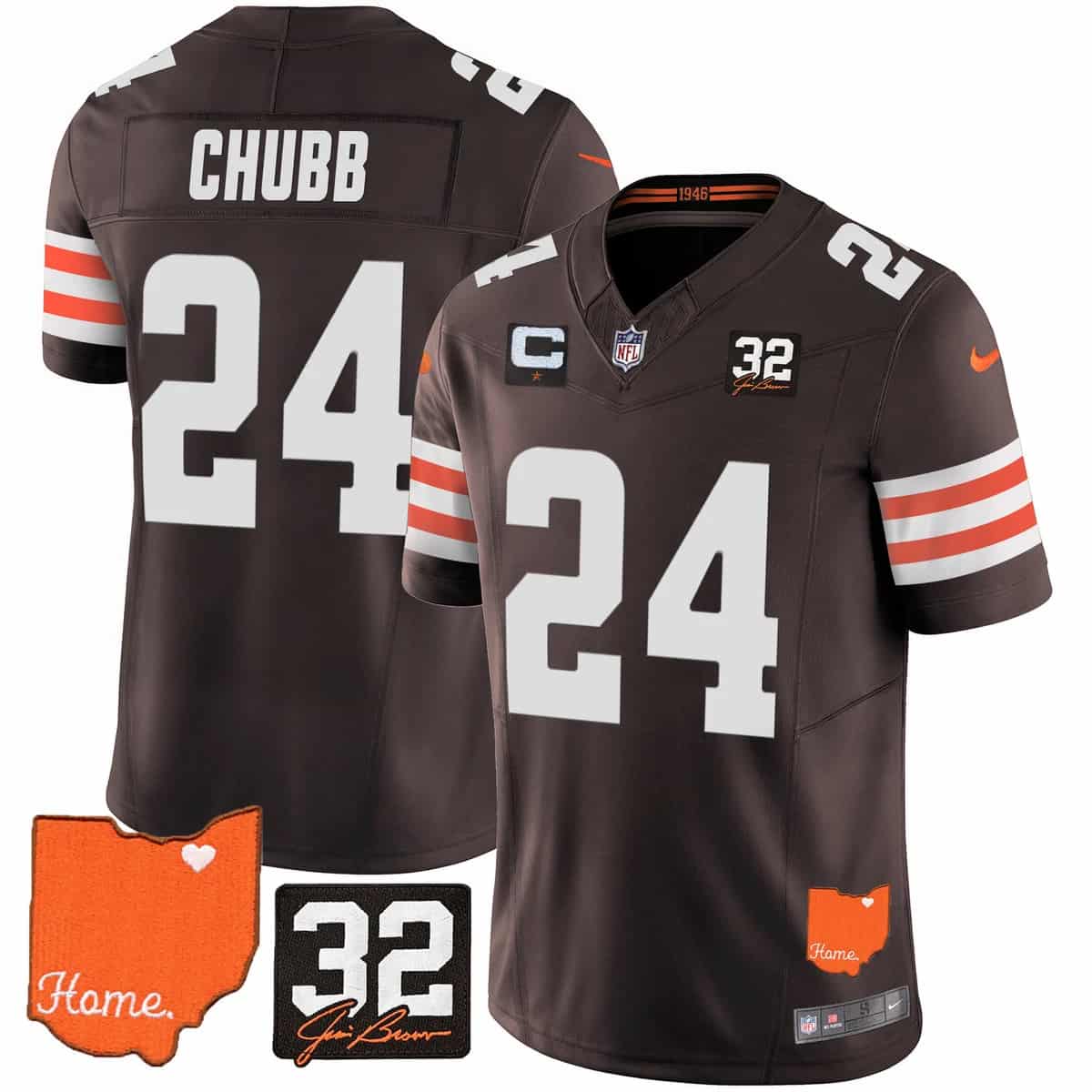 Men's Browns #32 Jim Brown Memorial & Home Patch Vapor Limited Jersey - All Stitched Nick Chubb 24