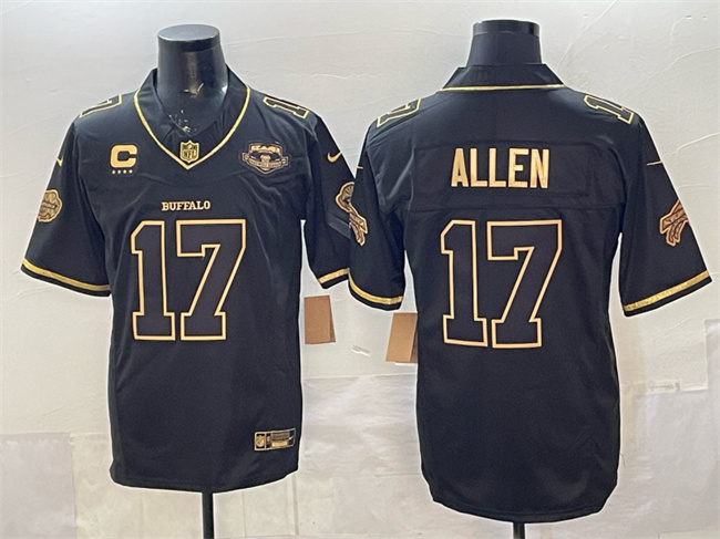 Men's Buffalo Bills #17 Josh Allen Black Gold 2025 F.U.S.E. a??Rivalriesa?? With Farewell Patch & 4-Star C Patch Vapor Limited Football Stitched Jersey