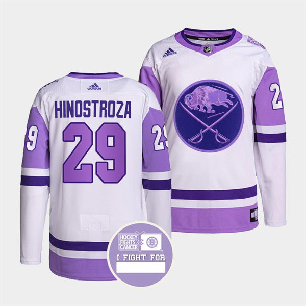 Men's Buffalo Sabres #29 Vinnie Hinostroza 2021-22 White Purple Hockey Fights Cancer Stitched Jersey