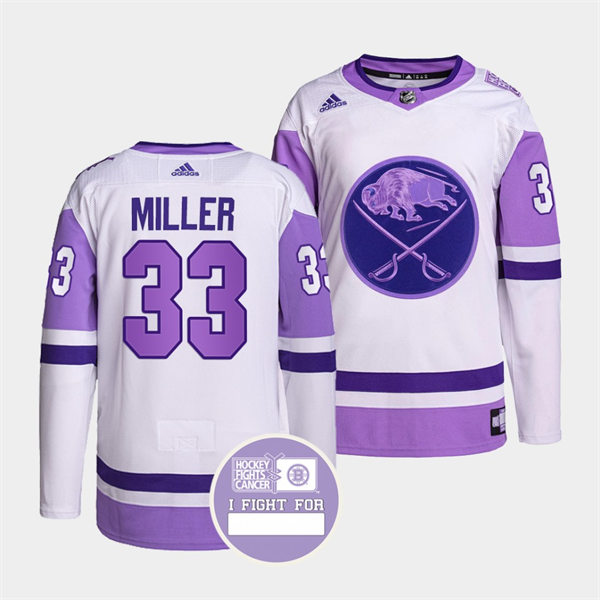 Men's Buffalo Sabres #33 Colin Miller 2021-22 White Purple Hockey Fights Cancer Stitched Jersey