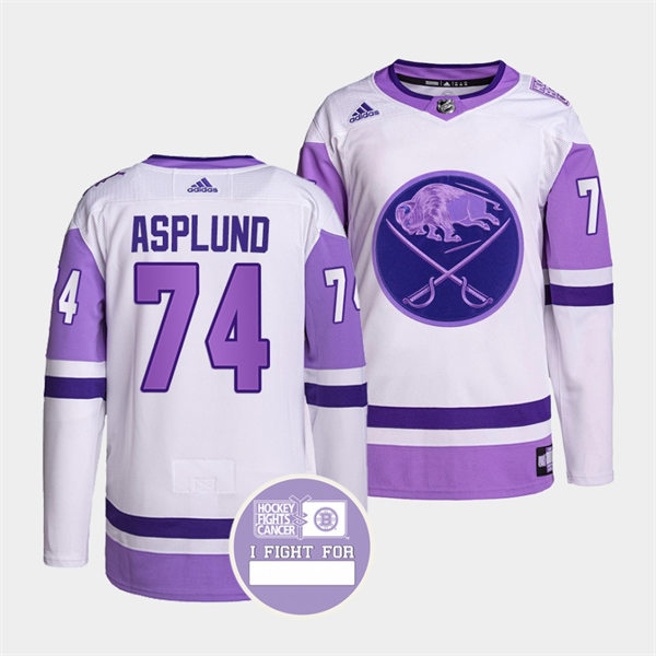 Men's Buffalo Sabres #74 Rasmus Asplund 2021-22 White Purple Hockey Fights Cancer Stitched Jersey