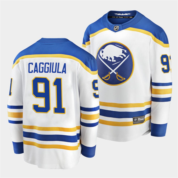 Men's Buffalo Sabres #91 Drake Caggiula Adidas White Royal Away Premier Player Stitched Jersey