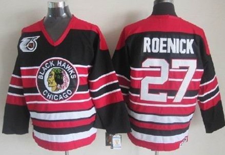 Men's CCM Chicago Blackhawks #27 Jeremy Roenick 1992 Black Pinstripe 75TH Throwback Jersey Stitched