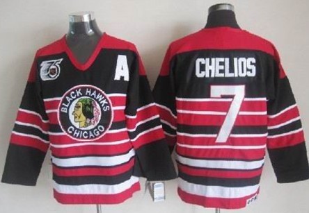 Men's CCM Chicago Blackhawks #7 chris chelios Black Pinstripe 75TH Throwback Jersey Stitched