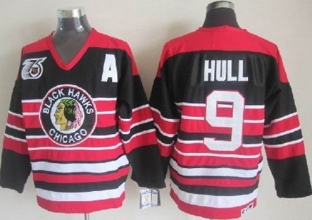 Men's CCM Chicago Blackhawks #9 Bobby Hull Black Pinstripe 75TH Throwback Jersey Stitched