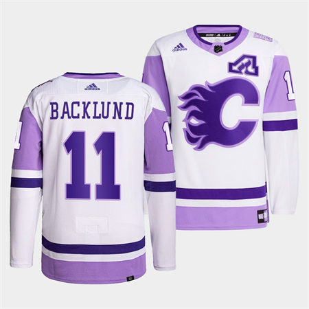 Men's Calgary Flames #11 Mikael Backlund 2022 White Purple Hockey Fights Cancer Primegreen Stitched Jersey