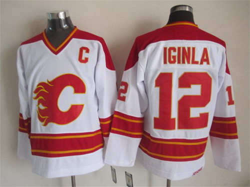 Men's Calgary Flames #12 Jarome Iginla 1989 White CCM Vintage Throwback Stitched Jersey