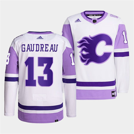 Men's Calgary Flames #13 Johnny Gaudreau 2022 White Purple Hockey Fights Cancer Primegreen Stitched Jersey