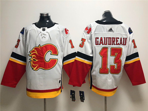 Men's Calgary Flames #13 Johnny Gaudreau Adidas White Away Stitched