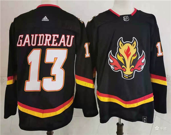 Men's Calgary Flames #13 Johnny Gaudreau Black Adidas 2021 Reverse Retro Stitched Jersey