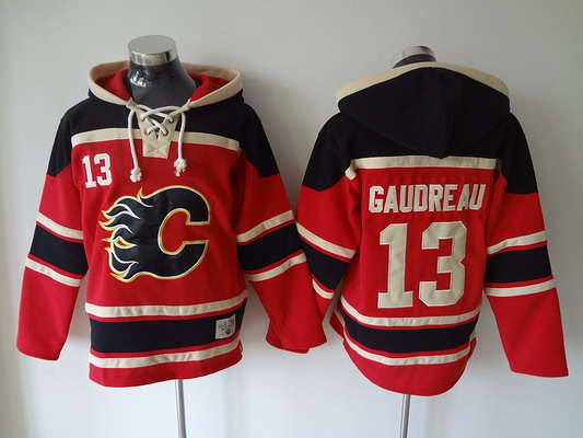 Men's Calgary Flames #13 Johnny Gaudreau Old Time Hockey Red Hoodie Stitched