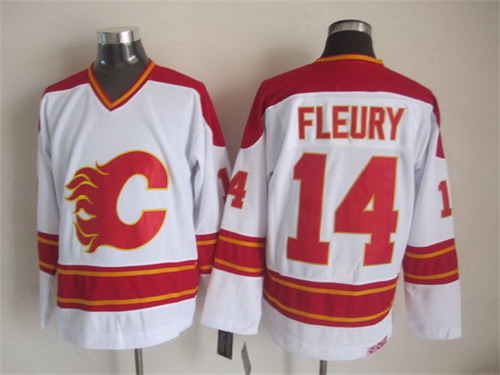 Men's Calgary Flames #14 Theoren Fleury 1989 White CCM Vintage Throwback Stitched Jersey