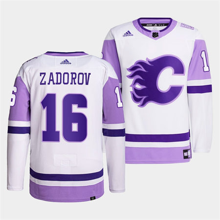 Men's Calgary Flames #16 Nikita Zadorov 2022 White Purple Hockey Fights Cancer Primegreen Stitched Jersey