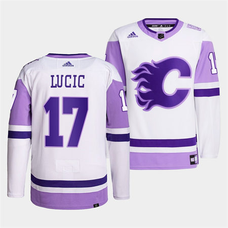 Men's Calgary Flames #17 Milan Lucic 2022 White Purple Hockey Fights Cancer Primegreen Stitched Jersey