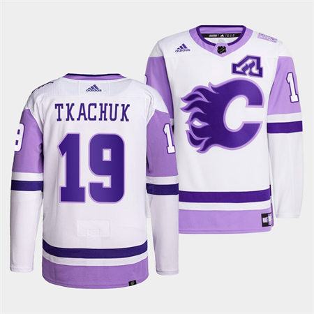 Men's Calgary Flames #19 Matthew Tkachuk 2022 White Purple Hockey Fights Cancer Primegreen Stitched Jersey