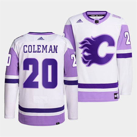 Men's Calgary Flames #20 Blake Coleman 2022 White Purple Hockey Fights Cancer Primegreen Stitched Jersey