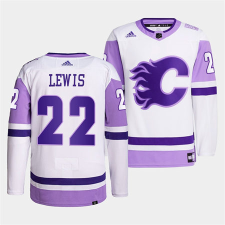 Men's Calgary Flames #22 Trevor Lewis 2022 White Purple Hockey Fights Cancer Primegreen Stitched Jersey