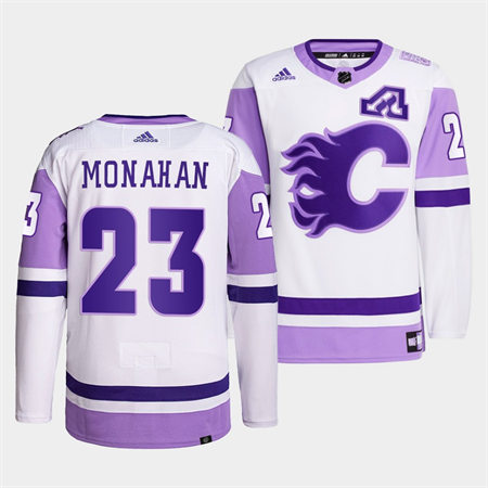 Men's Calgary Flames #23 Sean Monahan 2022 White Purple Hockey Fights Cancer Primegreen Stitched Jersey