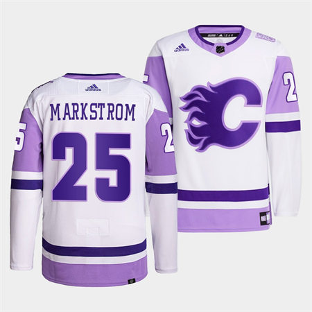 Men's Calgary Flames #25 Jacob Markstrom 2022 White Purple Hockey Fights Cancer Primegreen Stitched Jersey