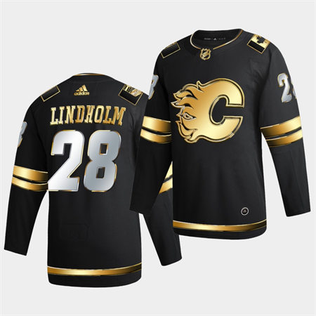 Men's Calgary Flames #28 Elias Lindholm 2021 Black Golden Edition Stitched Jersey