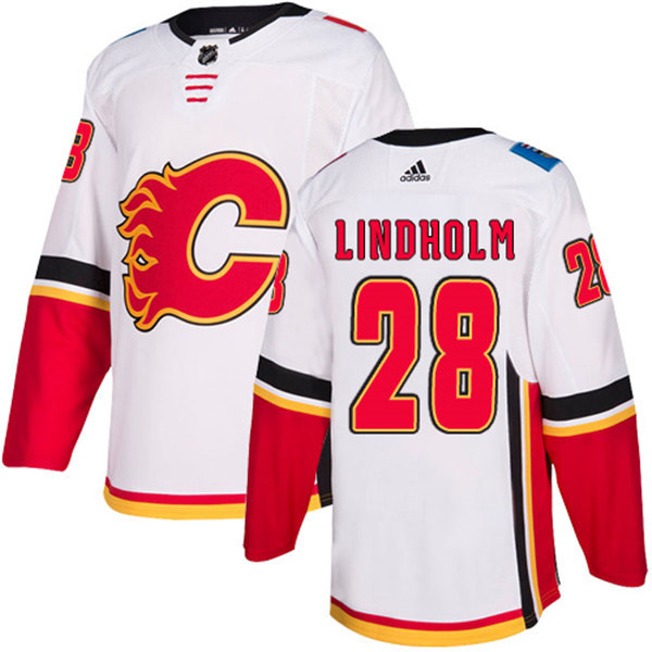 Men's Calgary Flames #28 Elias Lindholm Adidas White Away Stitched