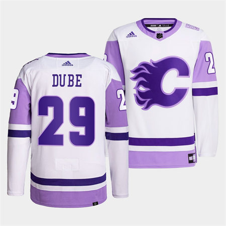 Men's Calgary Flames #29 Dillon Dube 2022 White Purple Hockey Fights Cancer Primegreen Stitched Jersey