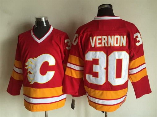 Men's Calgary Flames #30 Mike Vernon 1989 Red CCM Vintage Throwback Stitched Jersey