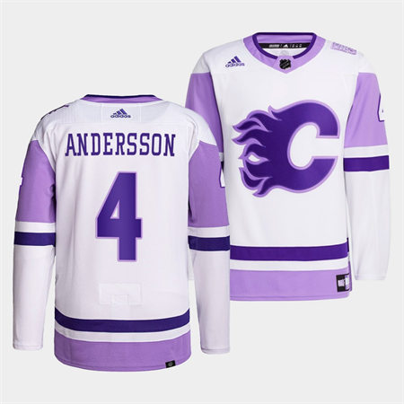Men's Calgary Flames #4 Rasmus Andersson 2022 White Purple Hockey Fights Cancer Primegreen Stitched Jersey