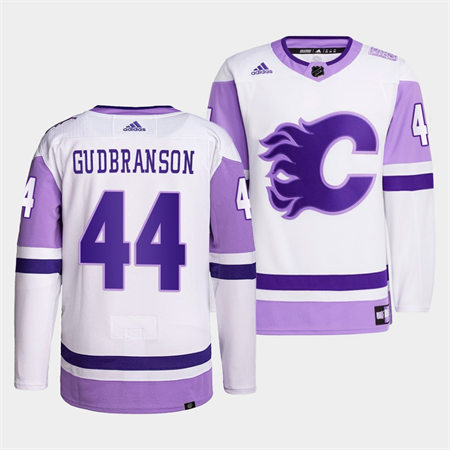 Men's Calgary Flames #44 Erik Gudbranson 2022 White Purple Hockey Fights Cancer Primegreen Stitched Jersey
