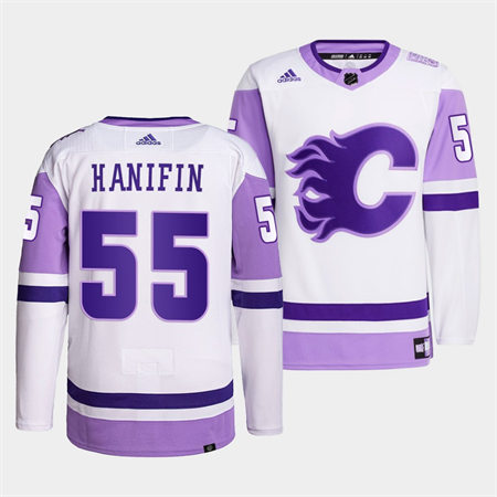 Men's Calgary Flames #55 Noah Hanifin 2022 White Purple Hockey Fights Cancer Primegreen Stitched Jersey