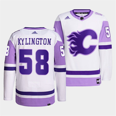 Men's Calgary Flames #58 Oliver Kylington 2022 White Purple Hockey Fights Cancer Primegreen Stitched Jersey