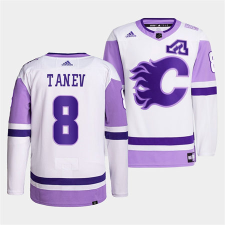Men's Calgary Flames #8 Christopher Tanev 2022 White Purple Hockey Fights Cancer Primegreen Stitched Jersey