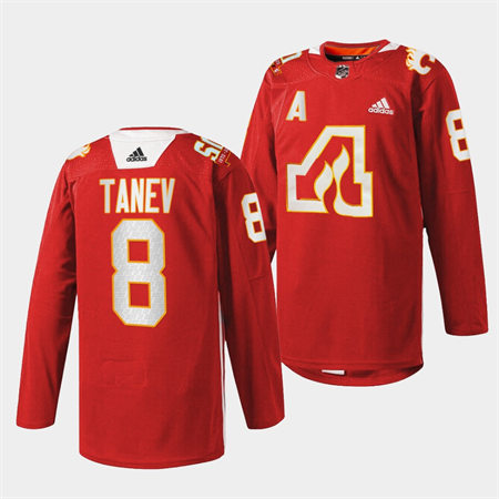 Men's Calgary Flames #8 Christopher Tanev Adidas Red Honor the Atlanta Flames 2022 50th Anniversary Warm-Up Stitched Jersey