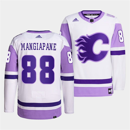 Men's Calgary Flames #88 Andrew Mangiapane 2022 White Purple Hockey Fights Cancer Primegreen Stitched Jersey