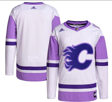 Men's Calgary Flames Blank adidas White Purple Hockey Fights Cancer Primegreen Practice Stitched Jersey