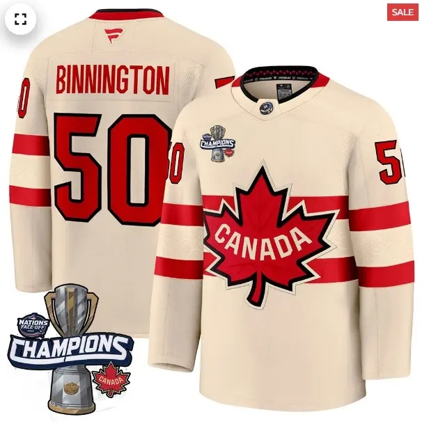 Men's Canada 2025 4 Nations Face-Off Champions Jersey - All Stitched Cream Jordan Binnington