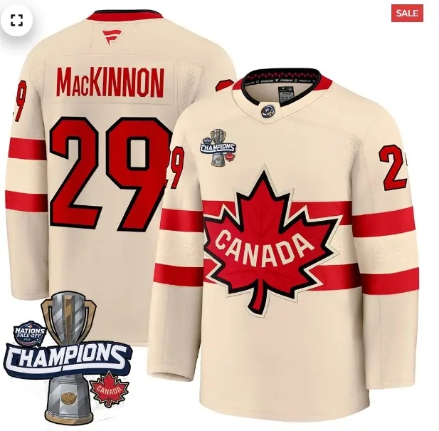 Men's Canada 2025 4 Nations Face-Off Champions Jersey - All Stitched Cream Nathan MacKinnon 29