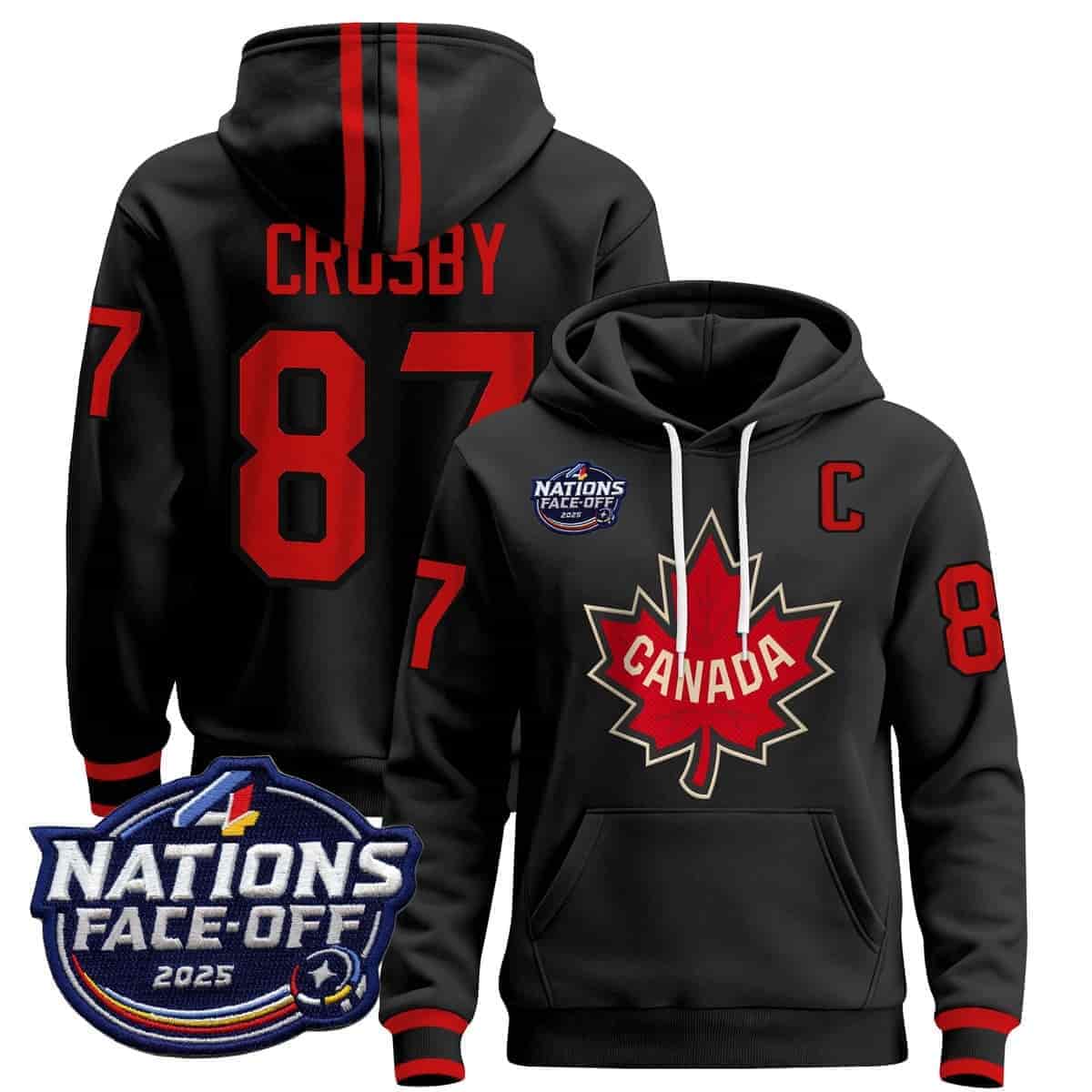 Men's Canada 4 Nations Face-Off 2025 Pullover Hoodie - All Stitched black Sidney Crosby 87