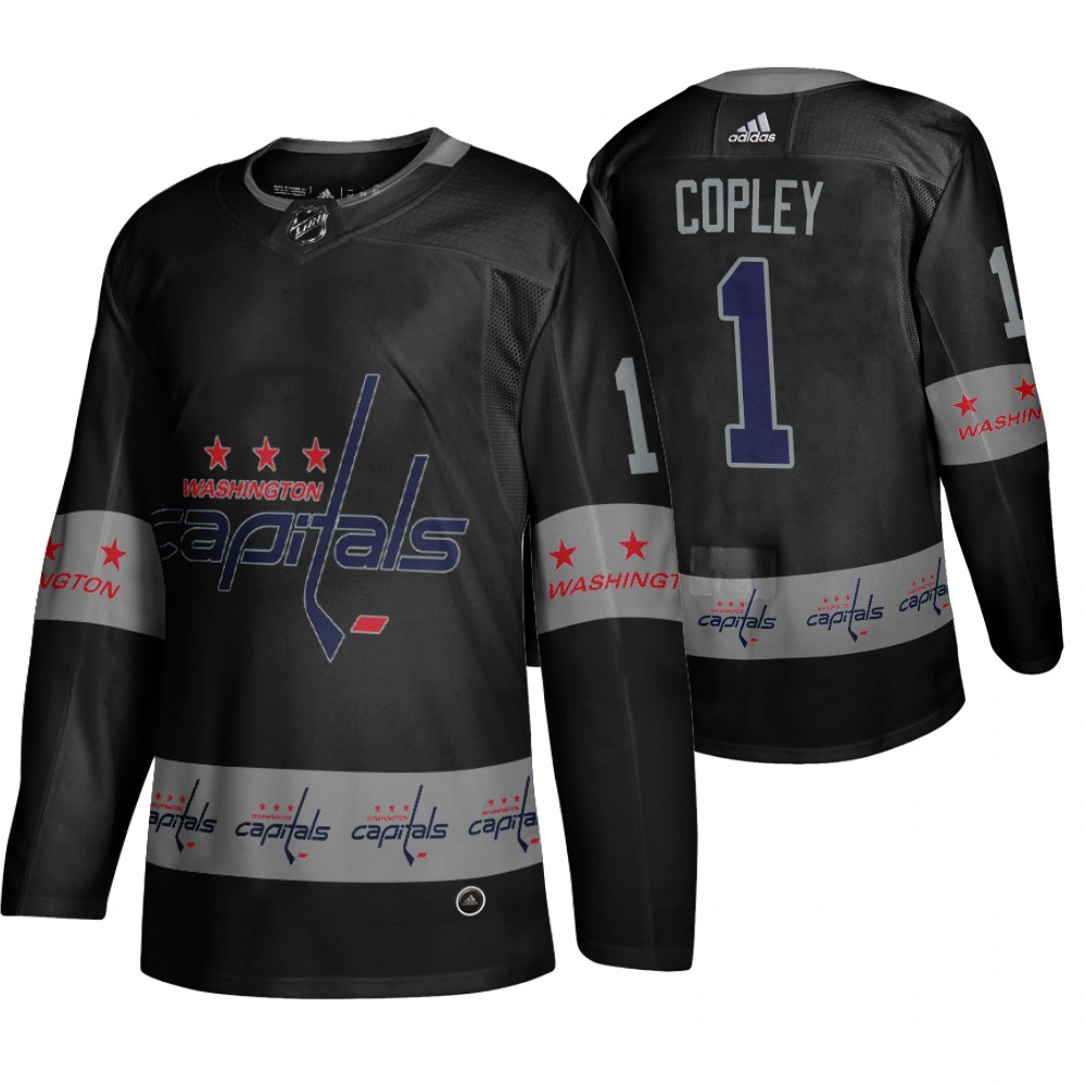 Men's Capitals #1 Pheonix Copley Logo sleeve Breakaway Jersey Black