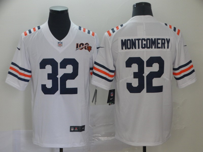 Men's Chicago Bears #32 David Montgomery Nike White 100th Season Alternate Classic Limited Stitched Jersey