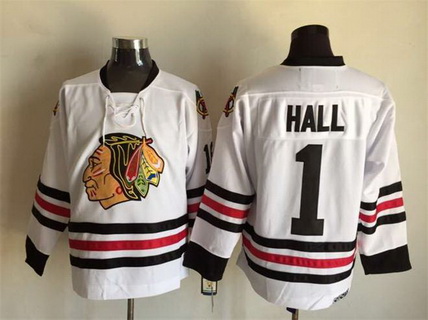 Men's Chicago Blackhawks #1 Glenn Hall White 1965 CCM Vintage Throwback Stitched Jersey